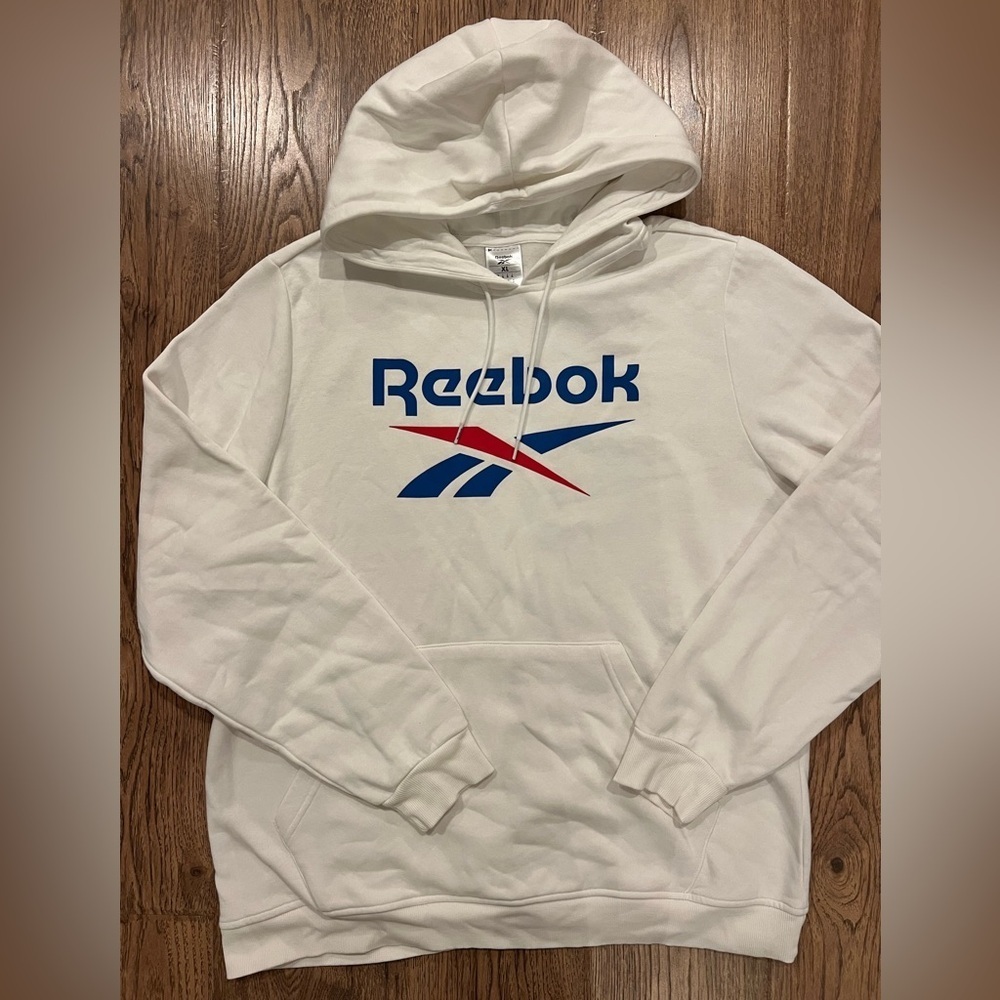 NWOT Reebok Mens Hoodie Pullover White Solid Pattern Logo Size XL
